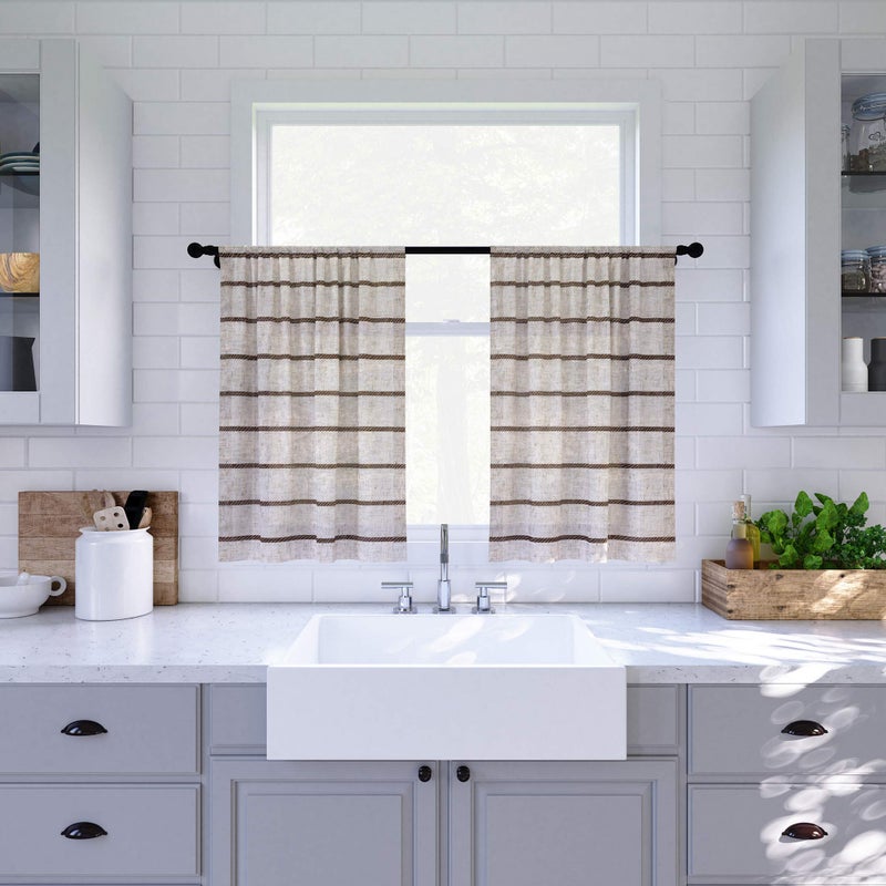 Clean Window Twill Stripe Anti-Dust Allergy/Pet Friendly Anti-Dust Sheer Cafe Curtain, 52" x 24, Mocha/Linen - Image 1